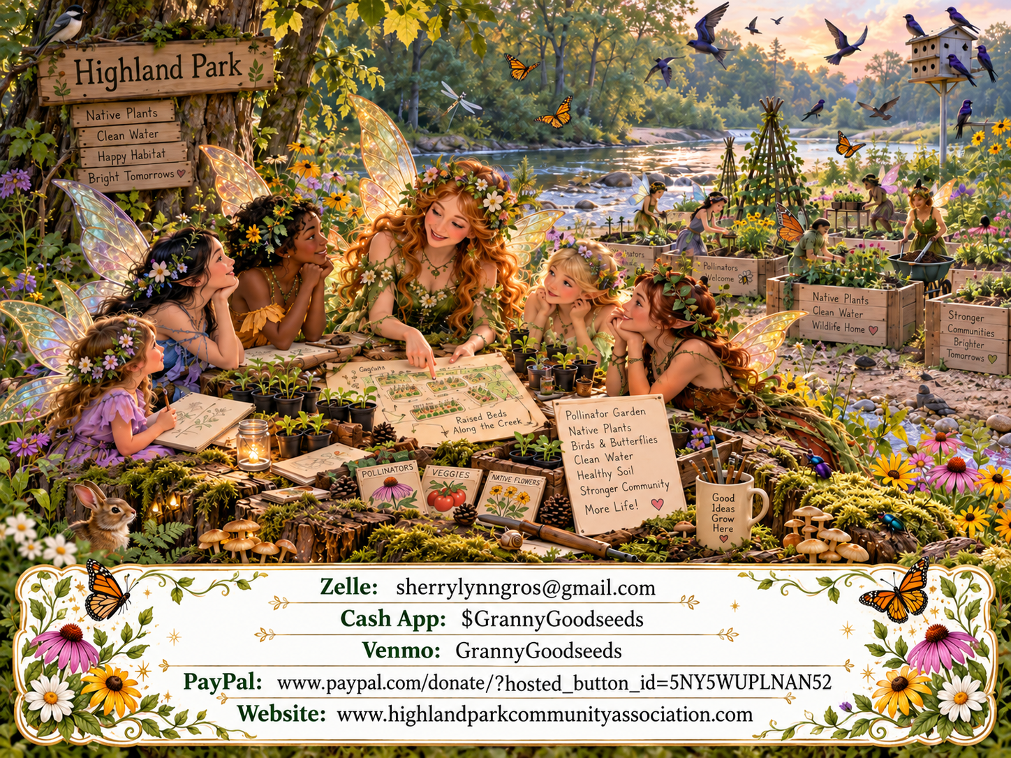 *Where Wonder Takes Root - An Invitation from Highland Park *We are tending this little piece of Earth with love, patience, and purpose, helping it become all that nature intended. *Here, we dream of a sanctuary where birds can safely nest, butterflies can dance among the flowers, and wildlife can find shelter beneath the trees. We dream of gardens where young hands and old hands work together, where seeds become flowers, fallen logs become living soil, and every season brings another lesson in the beautiful rhythms of the Earth. *We hope to plant more than gardens. We hope to nurture curiosity, kindness, responsibility, and the quiet wisdom of caring for something beyond ourselves. *With thoughtful stewardship, willing hearts, and a little everyday magic, we can create a place where nature thrives, neighbors belong, and generations learn the joy of caring for the land and one another. *Will you help us grow this garden? For every beautiful thing is sustained somewhere. And perhaps, just perhaps, a little bit of magic continues right here in Highland Park with you. We're counting on you today, Zelle: sherrylynngros@gmail.com cashapp: $GrannyGoodseeds Venmo: GrannyGoodseeds PayPal: https://www.paypal.com/donate/?hosted_button_id=5NY5WUPLNAN52 Website: www.highlandparkcommunityassociation.com